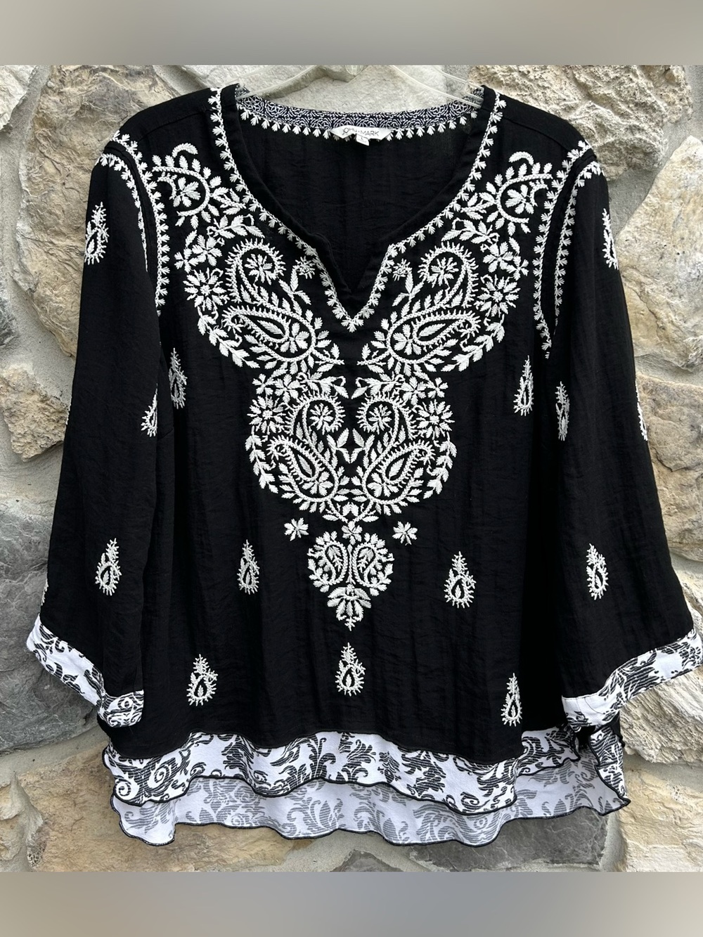 John Mark Top Size L Embroidered Bohemian Peasant Neutral Western Chic Artisan
